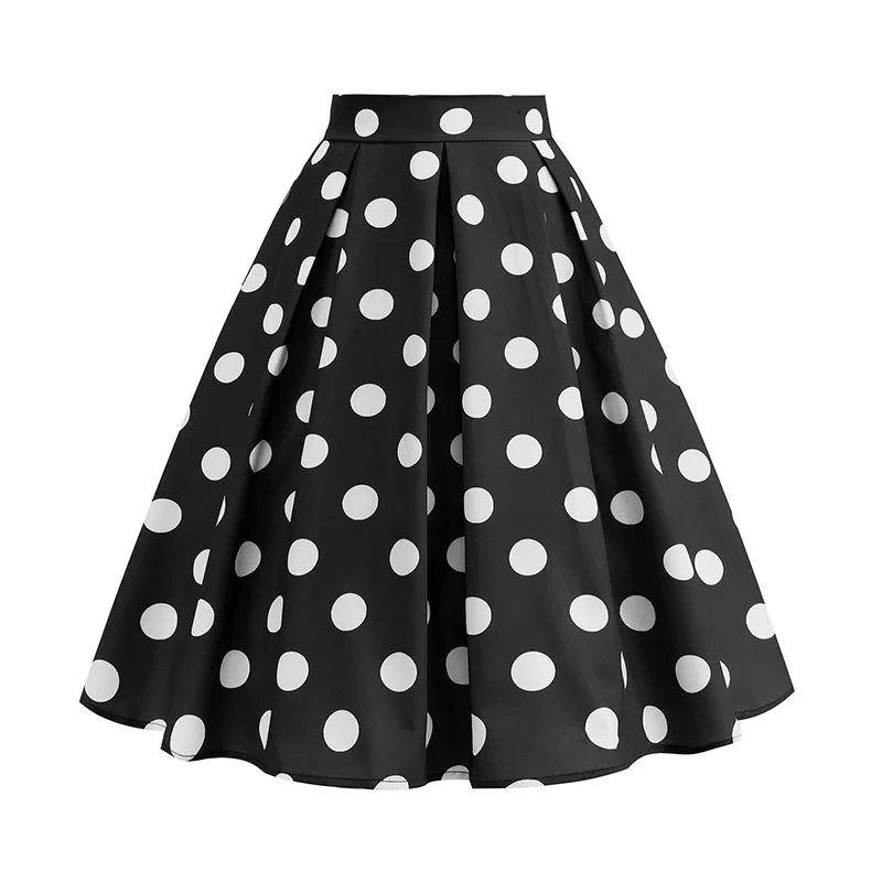 Vintage Women's Summer Skirts High Waist Polka Dot Print Red White Black Elegant 50s Midi Tunic Knee Length