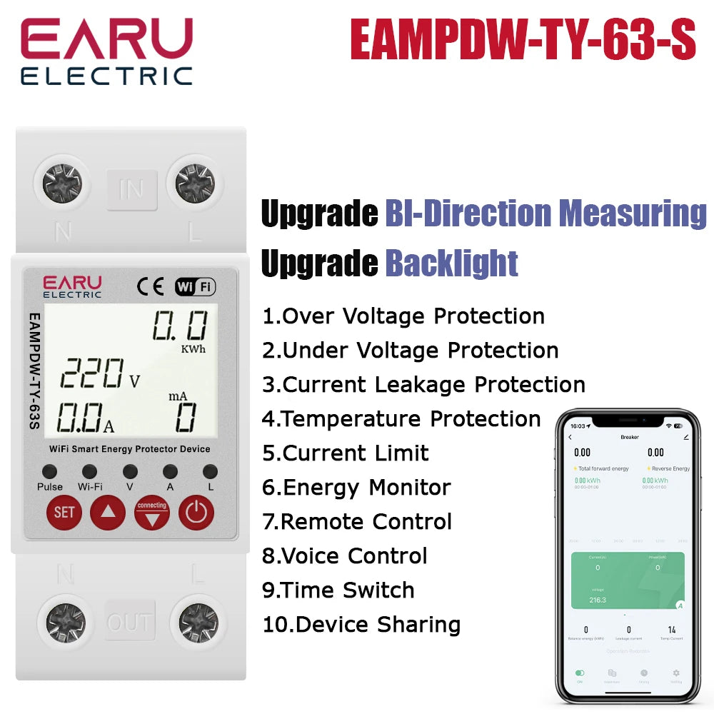 Tuya WiFi Smart Energy Meter Power kWh Meter Earth Leakage Over Under Voltage Protector Time Relay Device Switch Circuit Breaker