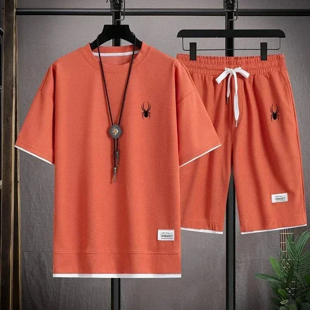 New Waffle Summer Casual T-shirt Shorts Set Men's Sportswear Youth Loose Set