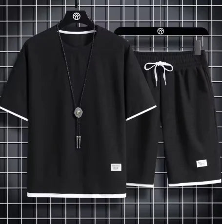 Men's Summer Waffle Set Brand Fashion Casual T-shirt Shorts Set Men's Sports Set Loose ComfortableSlow Running Quick Sports Suit