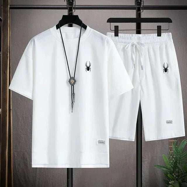 New Waffle Summer Casual T-shirt Shorts Set Men's Sportswear Youth Loose Set