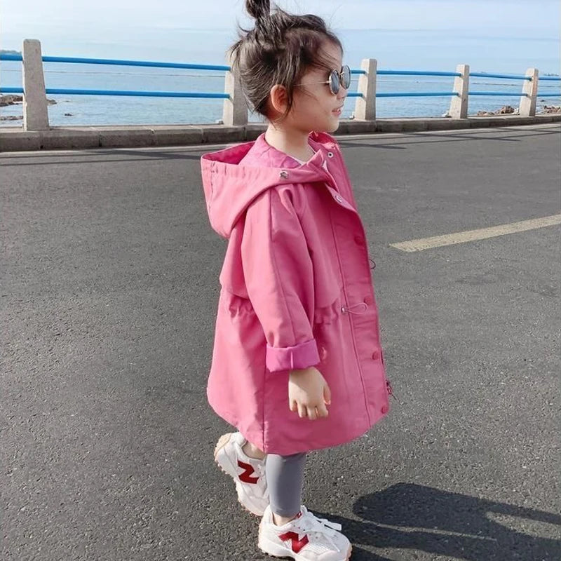 2025 Hot Selling Spring Autumn Girls Coat Long Style Waist Retractable Hoodies Windbreaker Jacket For 3-12 Years Old Kids