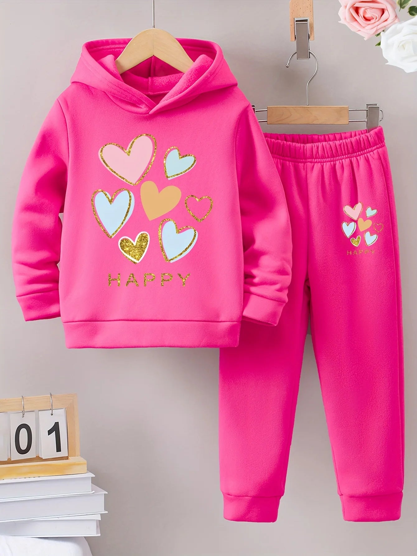 Fall/Winter new casual comfort warm girl's print warm lining hoodie and sweatpants set