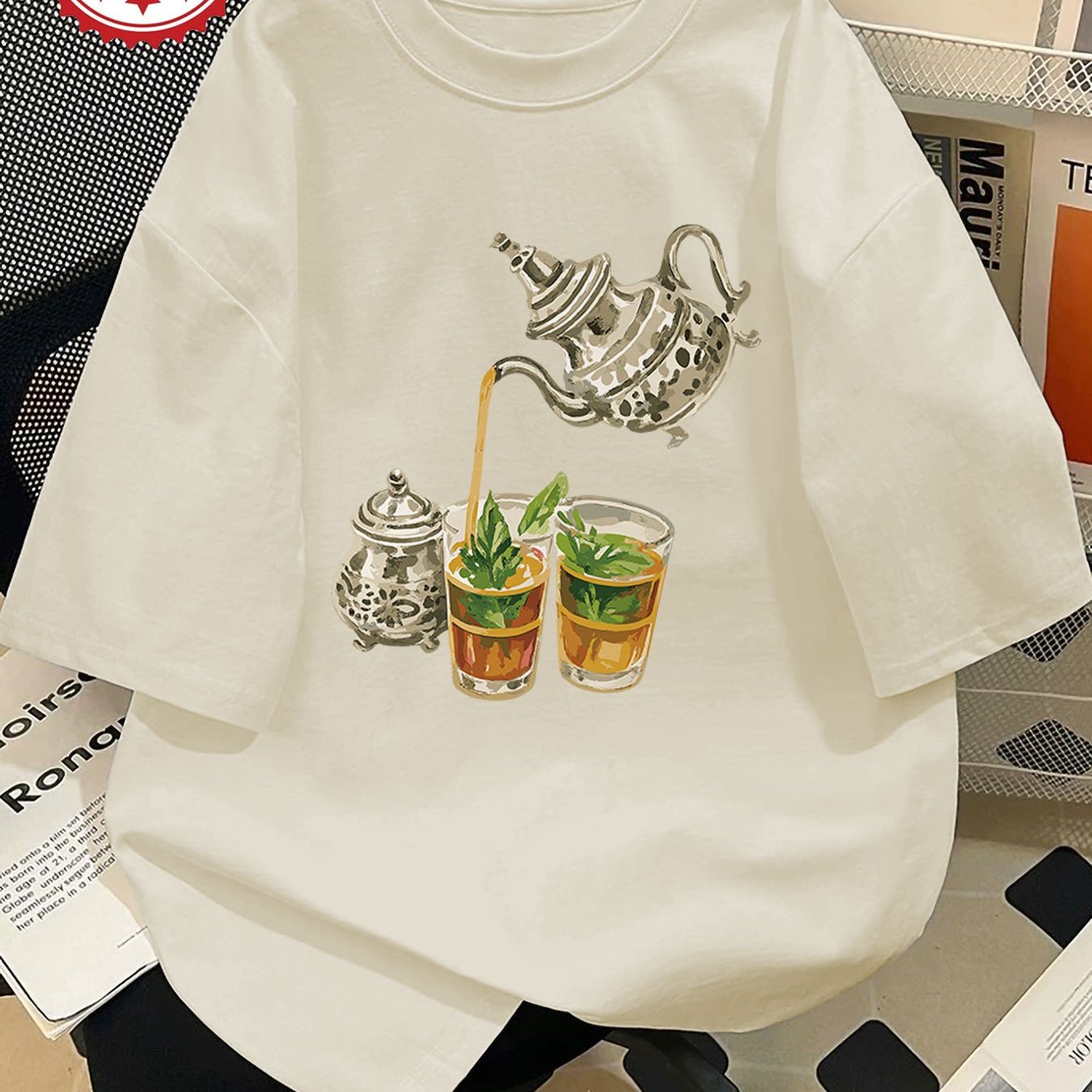 Women'S Casual Short Sleeve Crew Neck T-Shirt with Hand-Painted Teapot & Mint Leaf Illustration - Light Green, Spring/Summer Fashion Top, Casual Wear | Whimsical Design | Fabric
