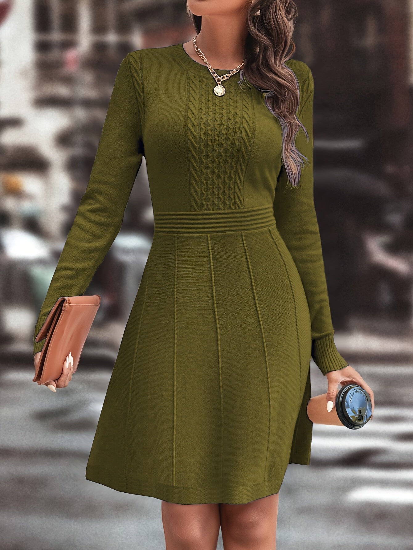 Women's Autumn Winter Date Party Casual Fashion Vacation Temperament Daily Commute Versatile Simple Solid Color Round Neck Mature Intellectual Slim A-Line Gentle Elegant Knit Dress