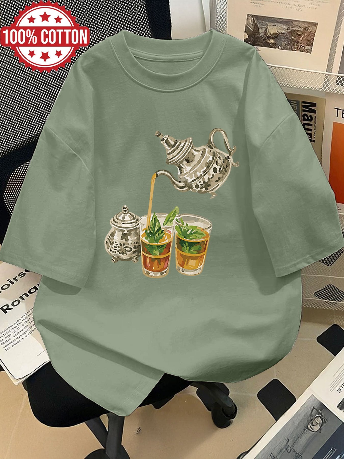 Women'S Casual Short Sleeve Crew Neck T-Shirt with Hand-Painted Teapot & Mint Leaf Illustration - Light Green, Spring/Summer Fashion Top, Casual Wear | Whimsical Design | Fabric