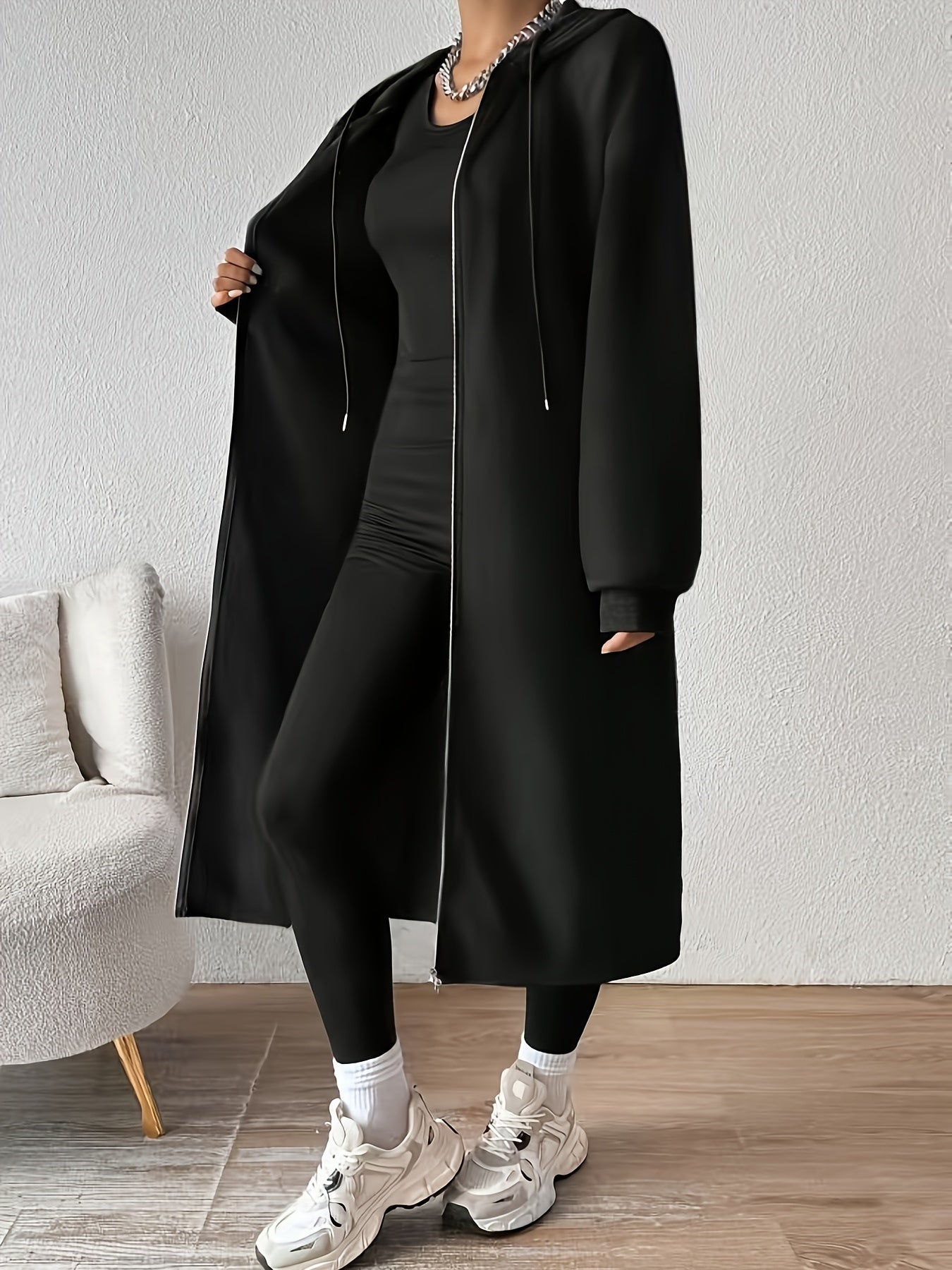 Women'S Elegant Color-Block Hooded Zip-Up Coat - White & Black, Long Sleeve, Button-Up Front, Perfect for Fall/Winter, Casual to Formal Wear, Casual Winter Wear | Stylish Layering Piece | Buttonup Front Coat