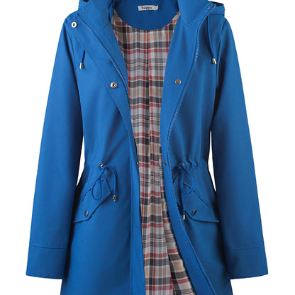 Women's Beige Hooded Zip-Up Trench Coat with Drawstring Waist & Multiple Pockets - Casual Long Sleeve Jacket for Fall & Winter, Machine Washable