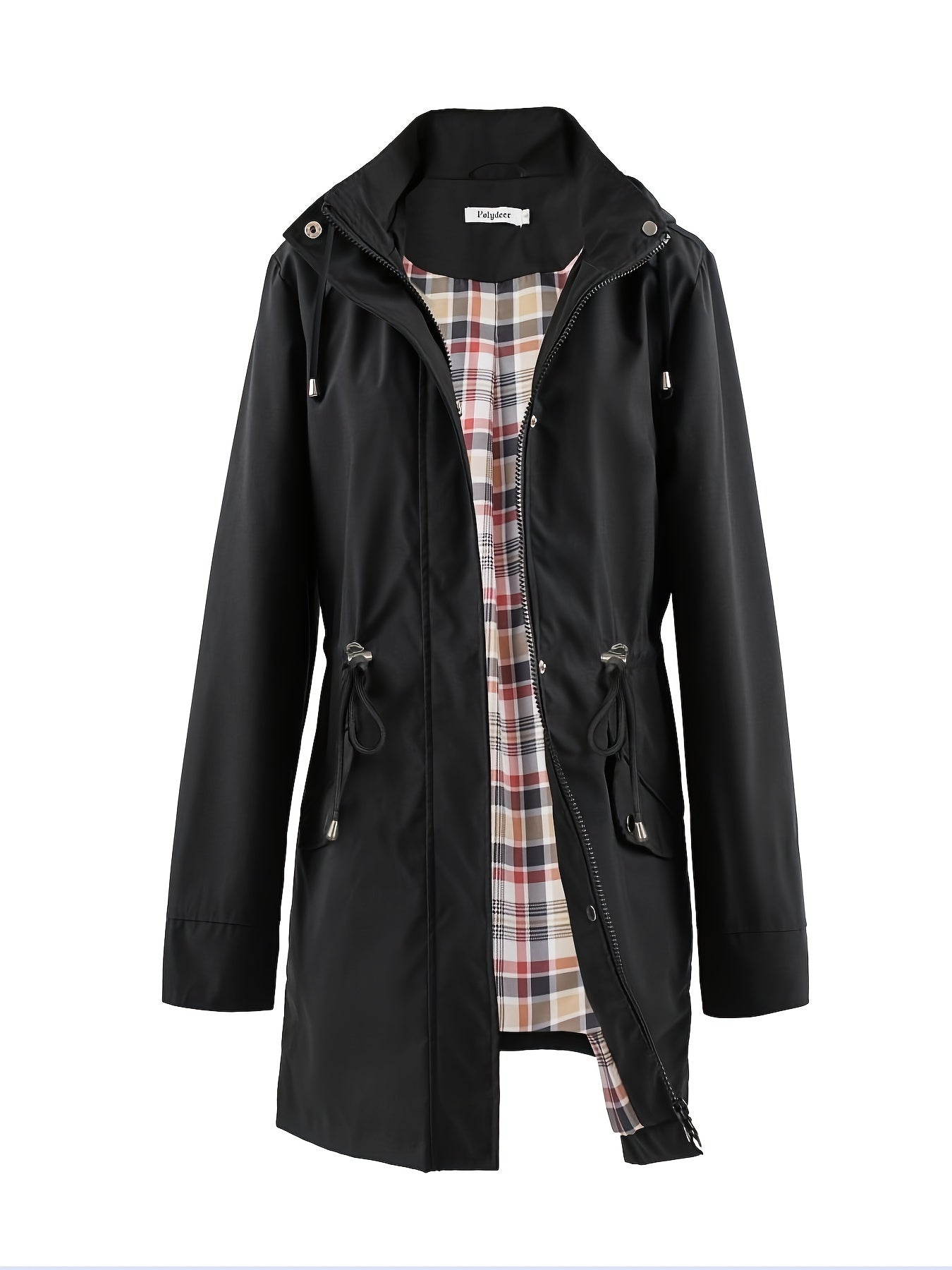 Women's Beige Hooded Zip-Up Trench Coat with Drawstring Waist & Multiple Pockets - Casual Long Sleeve Jacket for Fall & Winter, Machine Washable
