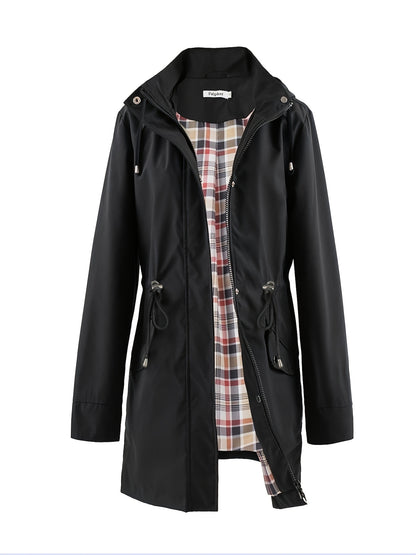 Women's Beige Hooded Zip-Up Trench Coat with Drawstring Waist & Multiple Pockets - Casual Long Sleeve Jacket for Fall & Winter, Machine Washable