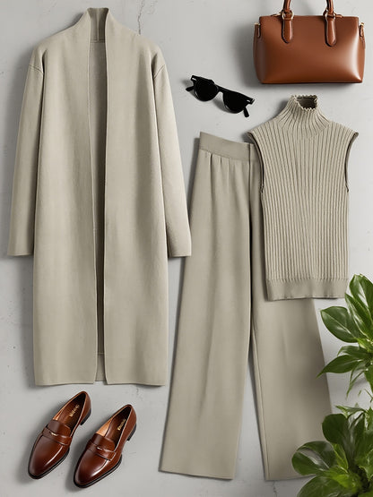 Autumn and Winter Women's Outfit, Solid Color Sweater Three-Piece Set, Cardigan Jacket Ensemble, Casual Elegant Ladies' Suit, Korean Style Top and Bottom Set, Fabric Wide-Leg Pants Set, Fabric Vest Set, Commuter Style Outfit,