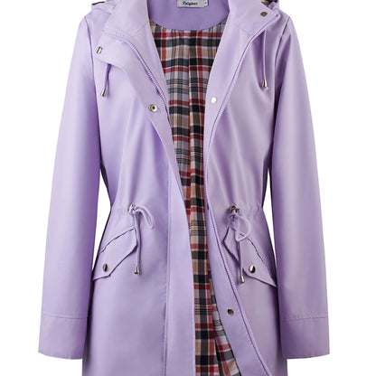 Women's Beige Hooded Zip-Up Trench Coat with Drawstring Waist & Multiple Pockets - Casual Long Sleeve Jacket for Fall & Winter, Machine Washable