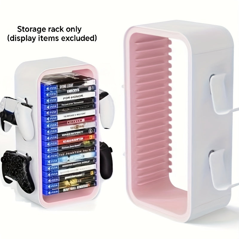 40.13cm game Storage Tower Compatible with PS5/ Xbox Series S X/ Switch, Universal Video Games Discs Organizers 18pcs with 4 Controllers Holder, Game Disk Box Stand