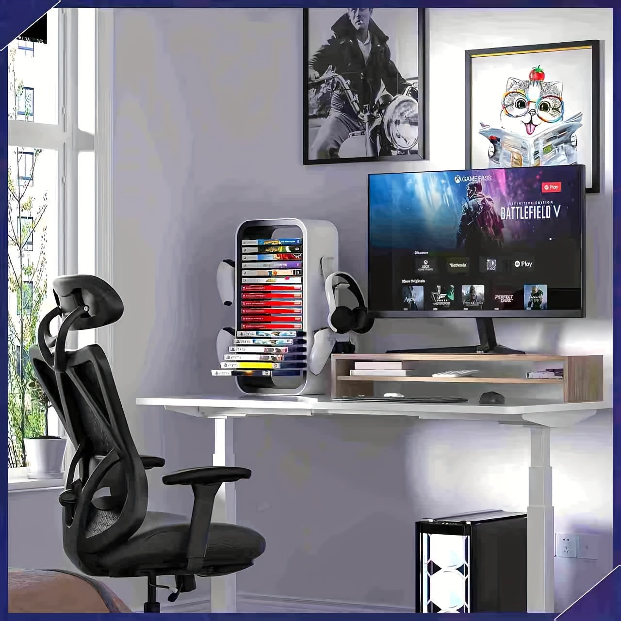 40.13cm game Storage Tower Compatible with PS5/ Xbox Series S X/ Switch, Universal Video Games Discs Organizers 18pcs with 4 Controllers Holder, Game Disk Box Stand
