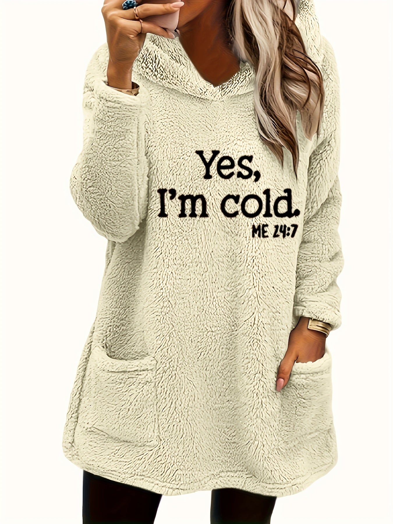 Women's "Yes I'm Cold" Printed Teddy Bear Hooded Sweatshirt - 100% Polyester Relaxed Fit Long Sleeve Pullover with Double Pockets, Cozy Fleece-Lined Casual Winter Top for Fall & Winter