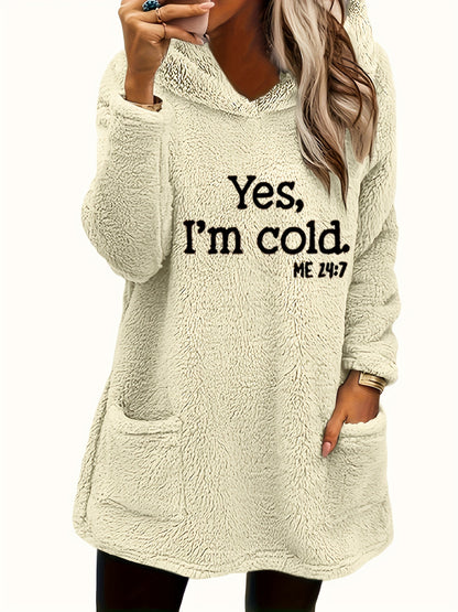 Women's "Yes I'm Cold" Printed Teddy Bear Hooded Sweatshirt - 100% Polyester Relaxed Fit Long Sleeve Pullover with Double Pockets, Cozy Fleece-Lined Casual Winter Top for Fall & Winter