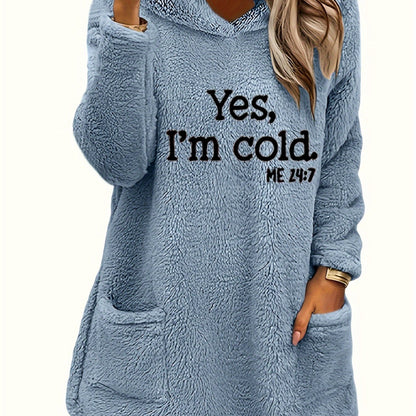 Women's "Yes I'm Cold" Printed Teddy Bear Hooded Sweatshirt - 100% Polyester Relaxed Fit Long Sleeve Pullover with Double Pockets, Cozy Fleece-Lined Casual Winter Top for Fall & Winter