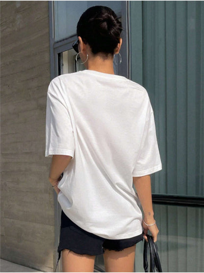 graphic print drop shoulder t-shirt short sleeve crew neck casual top for spring & summer women s clothing