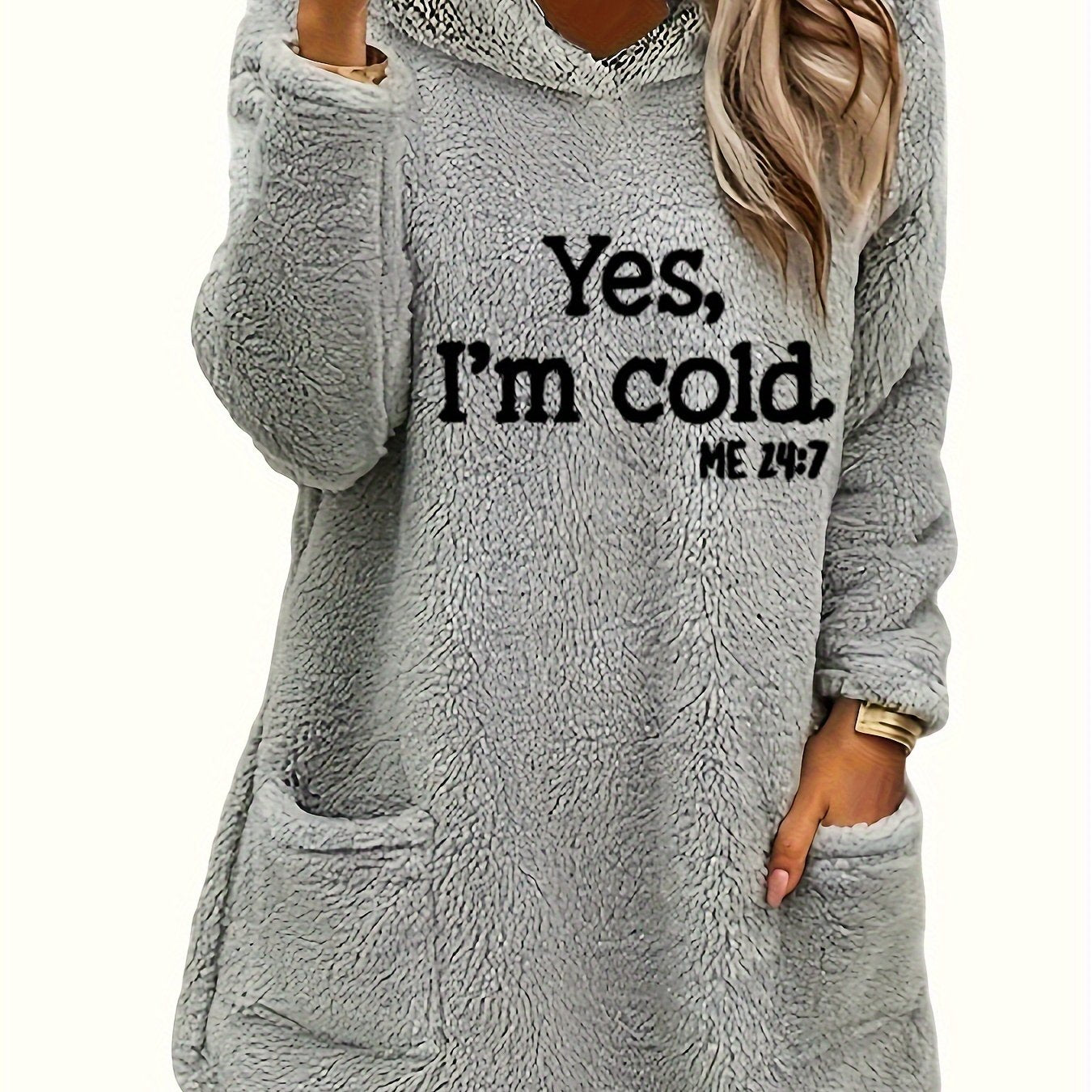 Women's "Yes I'm Cold" Printed Teddy Bear Hooded Sweatshirt - 100% Polyester Relaxed Fit Long Sleeve Pullover with Double Pockets, Cozy Fleece-Lined Casual Winter Top for Fall & Winter