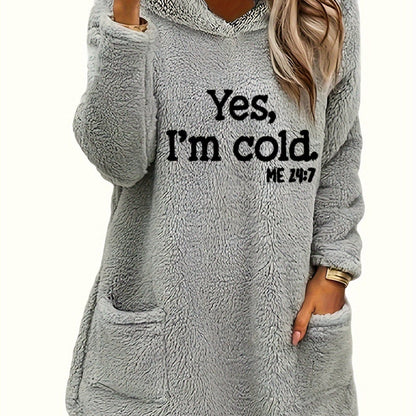 Women's "Yes I'm Cold" Printed Teddy Bear Hooded Sweatshirt - 100% Polyester Relaxed Fit Long Sleeve Pullover with Double Pockets, Cozy Fleece-Lined Casual Winter Top for Fall & Winter