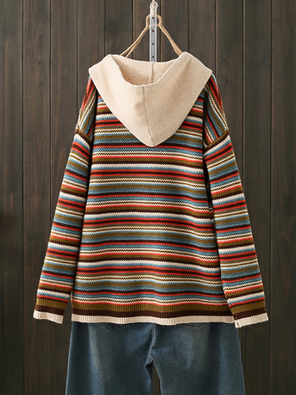 Women'S Colorful Striped Hoodie Sweatshirt - Long Sleeve, Drawstring Hood, Casual Pullover with Frayed Hem, Perfect for Fall/Winter, Sweater Hoodie