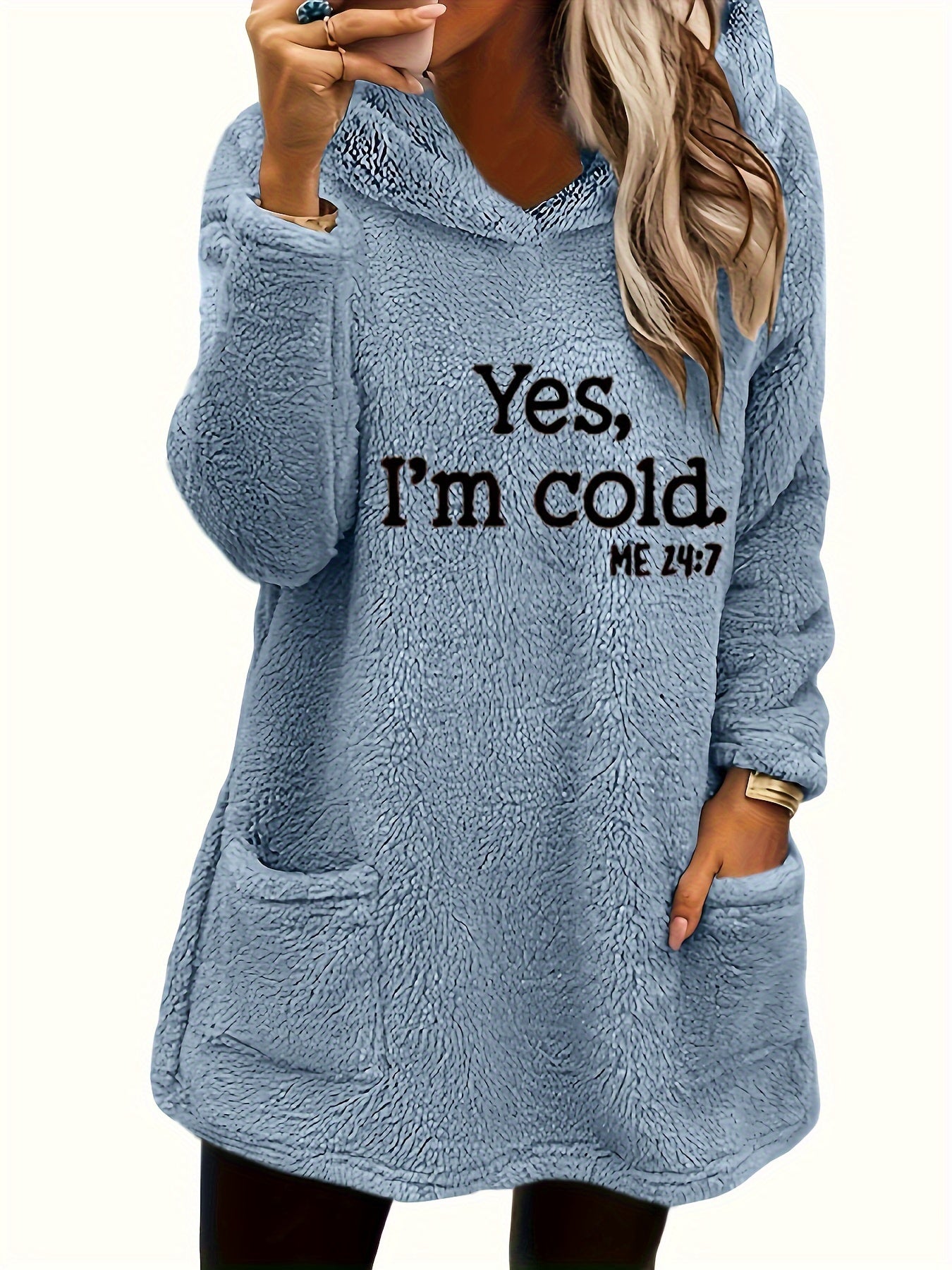 Women's "Yes I'm Cold" Printed Teddy Bear Hooded Sweatshirt - 100% Polyester Relaxed Fit Long Sleeve Pullover with Double Pockets, Cozy Fleece-Lined Casual Winter Top for Fall & Winter