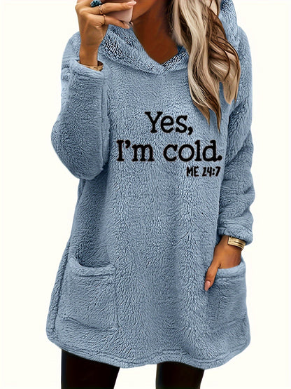Women's "Yes I'm Cold" Printed Teddy Bear Hooded Sweatshirt - 100% Polyester Relaxed Fit Long Sleeve Pullover with Double Pockets, Cozy Fleece-Lined Casual Winter Top for Fall & Winter