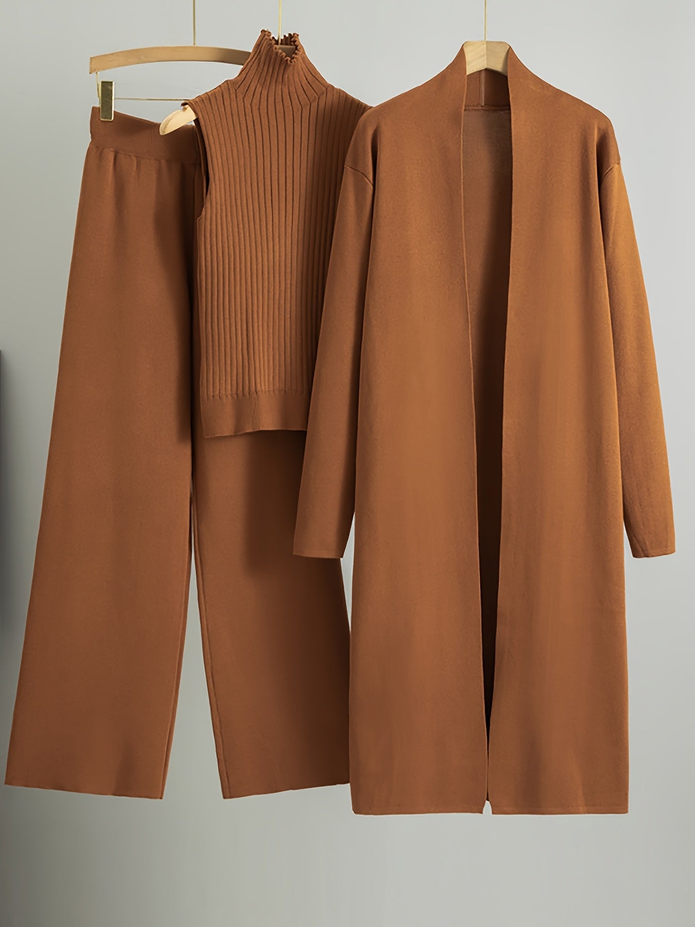 Autumn and Winter Women's Outfit, Solid Color Sweater Three-Piece Set, Cardigan Jacket Ensemble, Casual Elegant Ladies' Suit, Korean Style Top and Bottom Set, Fabric Wide-Leg Pants Set, Fabric Vest Set, Commuter Style Outfit,