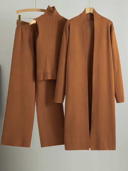 Autumn and Winter Women's Outfit, Solid Color Sweater Three-Piece Set, Cardigan Jacket Ensemble, Casual Elegant Ladies' Suit, Korean Style Top and Bottom Set, Fabric Wide-Leg Pants Set, Fabric Vest Set, Commuter Style Outfit,