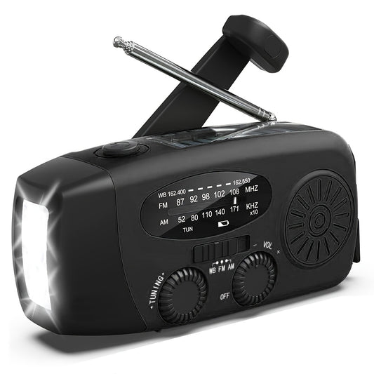 Emergency Hand Crank Radio with LED Flashlight - AM/FM NOAA Weather Alerts, USB & Solar Powered Portable Emergency Radio for Camping, Home, Outdoor (Black), Solar Powered Radio, Camping Essentials, Sturdy Construction, Highqu