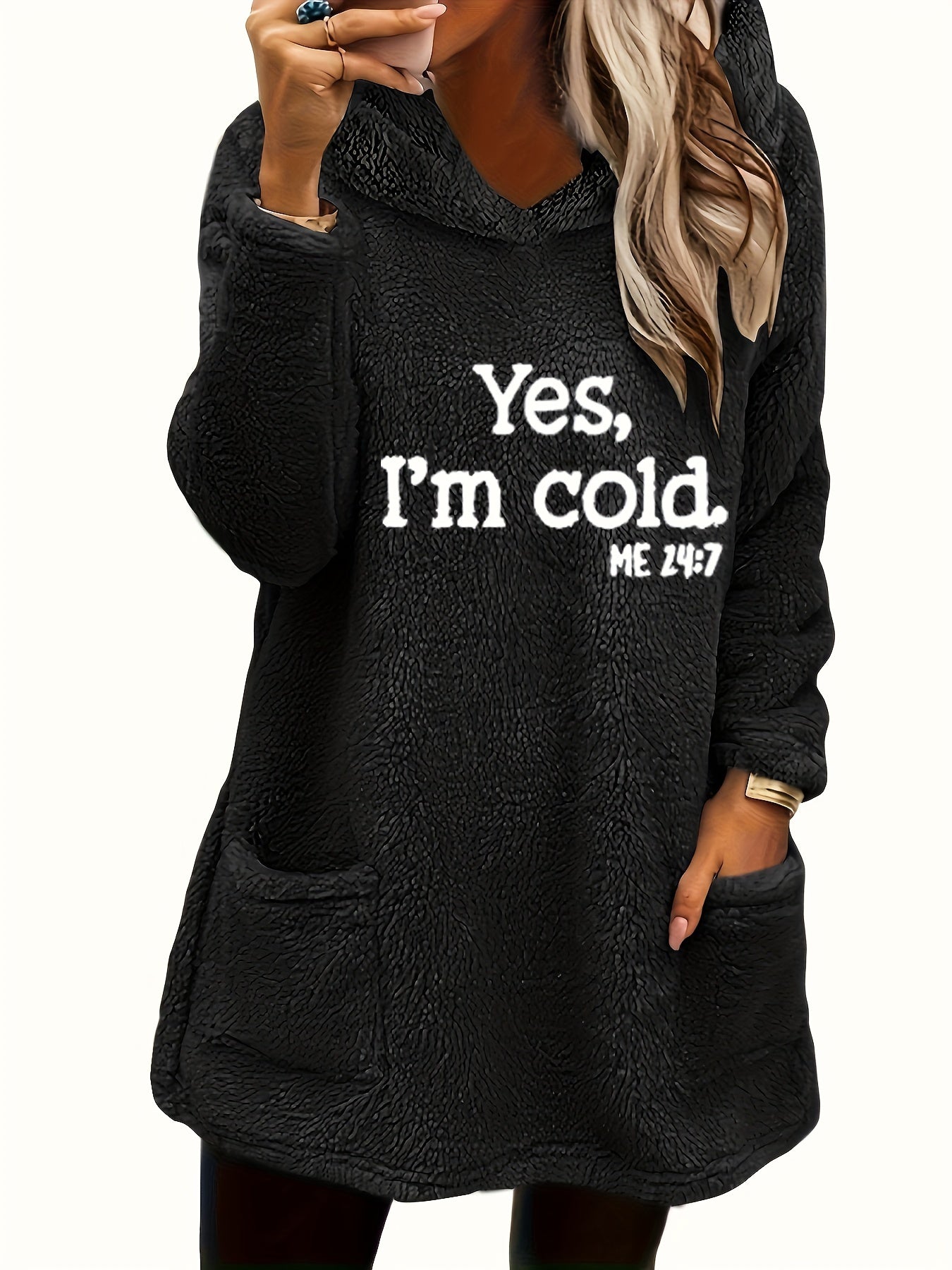 Women's "Yes I'm Cold" Printed Teddy Bear Hooded Sweatshirt - 100% Polyester Relaxed Fit Long Sleeve Pullover with Double Pockets, Cozy Fleece-Lined Casual Winter Top for Fall & Winter