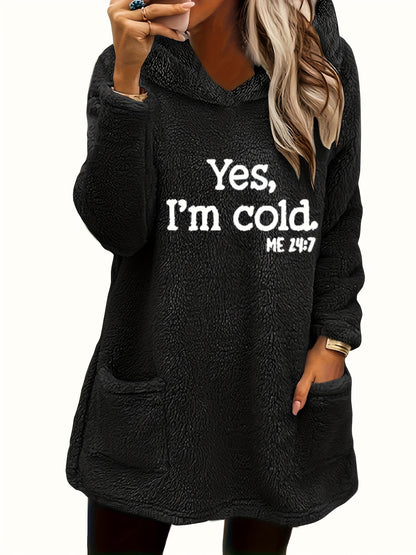 Women's "Yes I'm Cold" Printed Teddy Bear Hooded Sweatshirt - 100% Polyester Relaxed Fit Long Sleeve Pullover with Double Pockets, Cozy Fleece-Lined Casual Winter Top for Fall & Winter