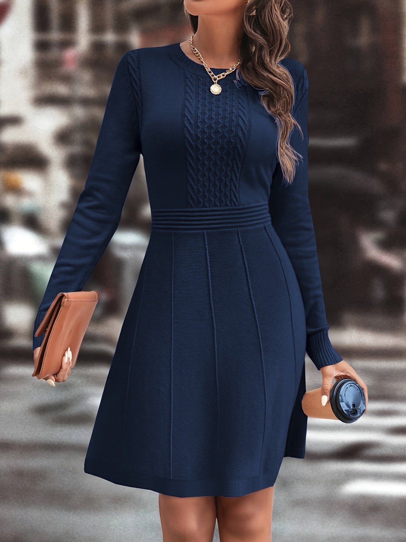 Women's Autumn Winter Date Party Casual Fashion Vacation Temperament Daily Commute Versatile Simple Solid Color Round Neck Mature Intellectual Slim A-Line Gentle Elegant Knit Dress