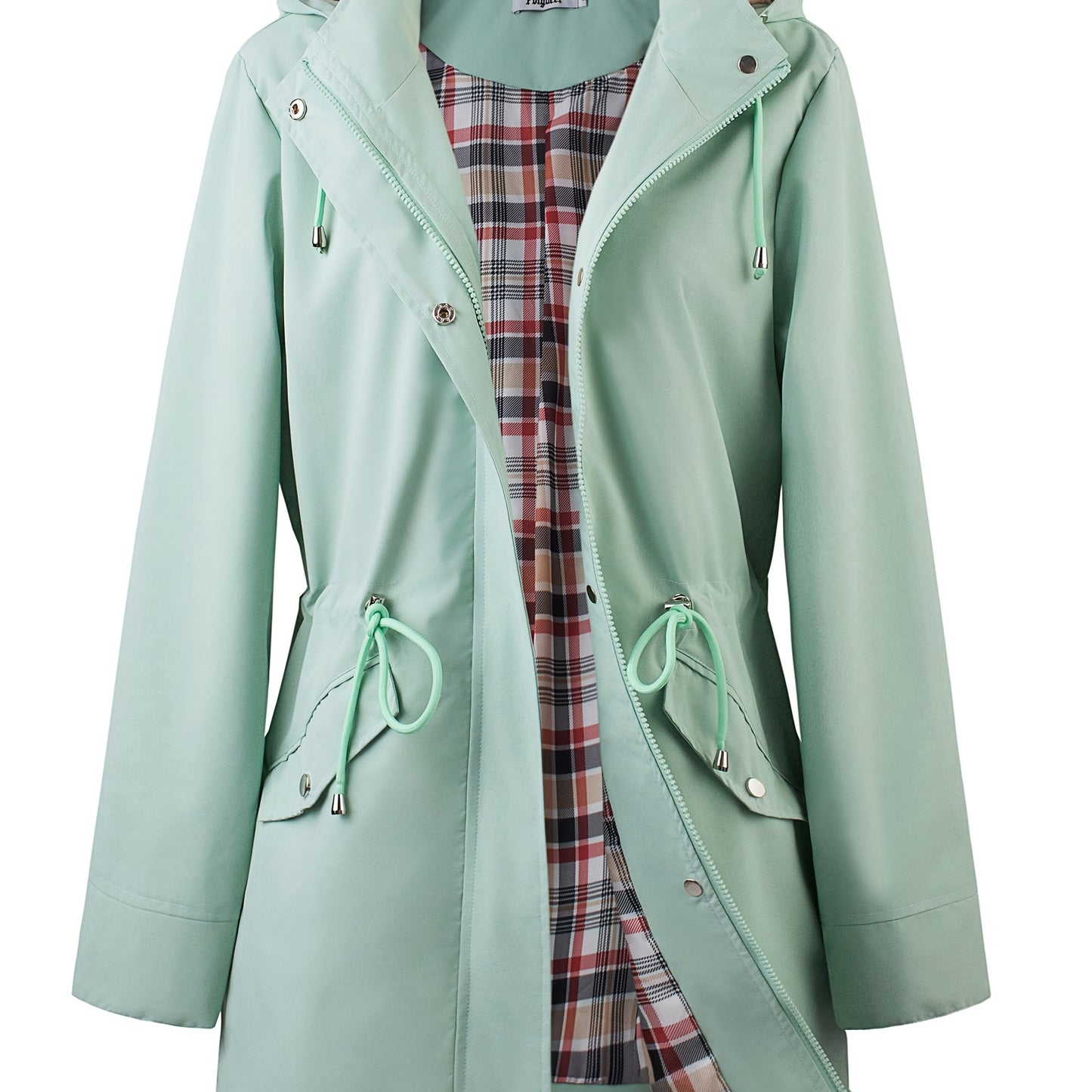 Women's Beige Hooded Zip-Up Trench Coat with Drawstring Waist & Multiple Pockets - Casual Long Sleeve Jacket for Fall & Winter, Machine Washable
