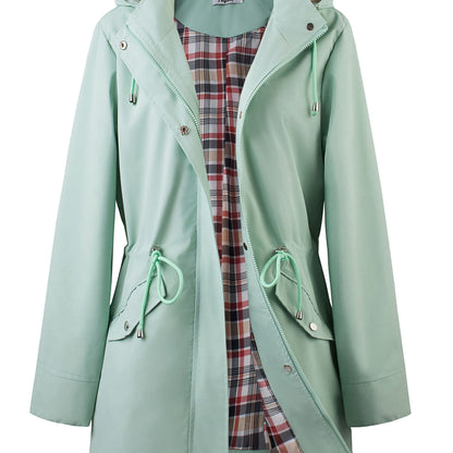 Women's Beige Hooded Zip-Up Trench Coat with Drawstring Waist & Multiple Pockets - Casual Long Sleeve Jacket for Fall & Winter, Machine Washable