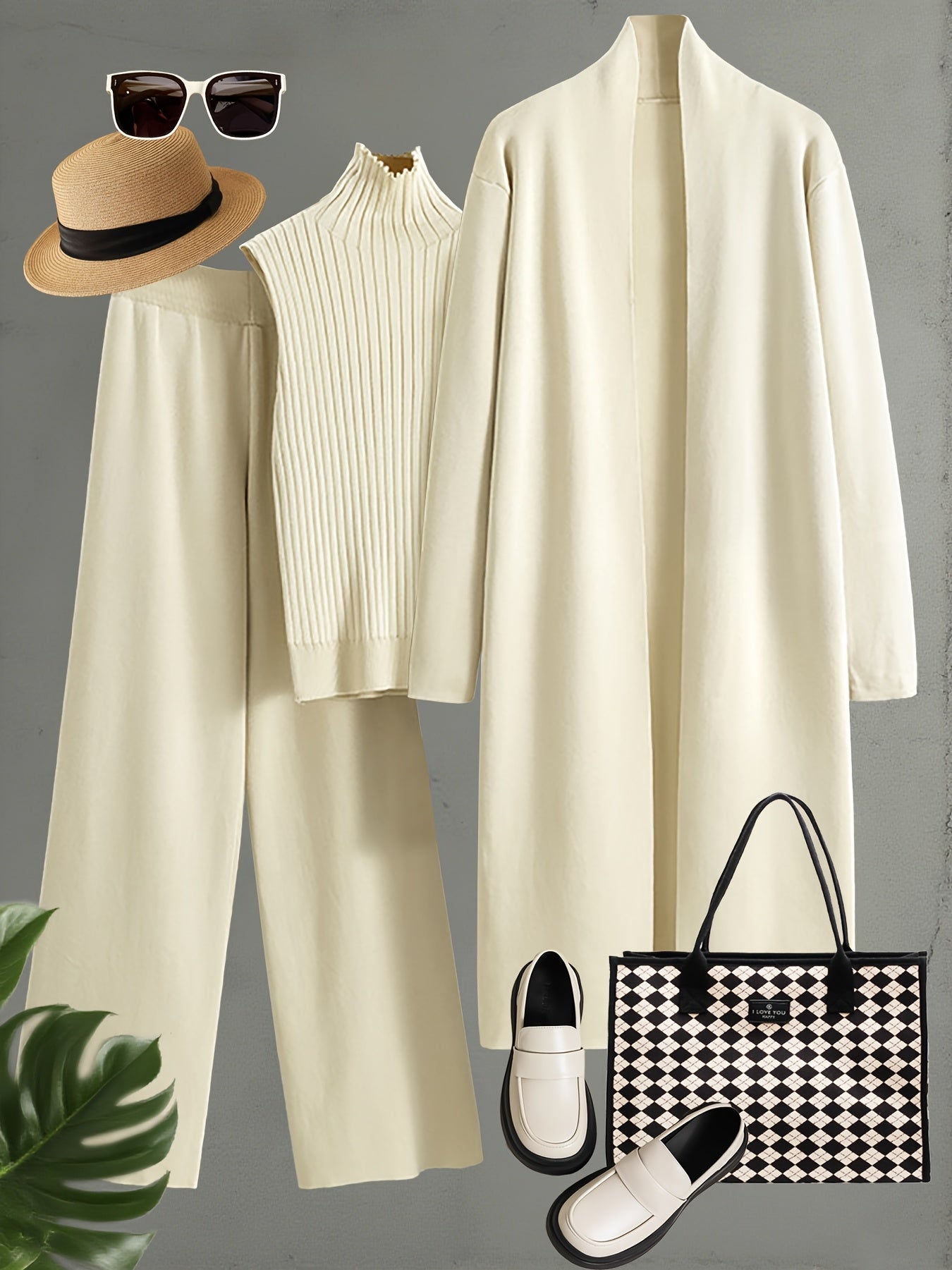 Autumn and Winter Women's Outfit, Solid Color Sweater Three-Piece Set, Cardigan Jacket Ensemble, Casual Elegant Ladies' Suit, Korean Style Top and Bottom Set, Fabric Wide-Leg Pants Set, Fabric Vest Set, Commuter Style Outfit,