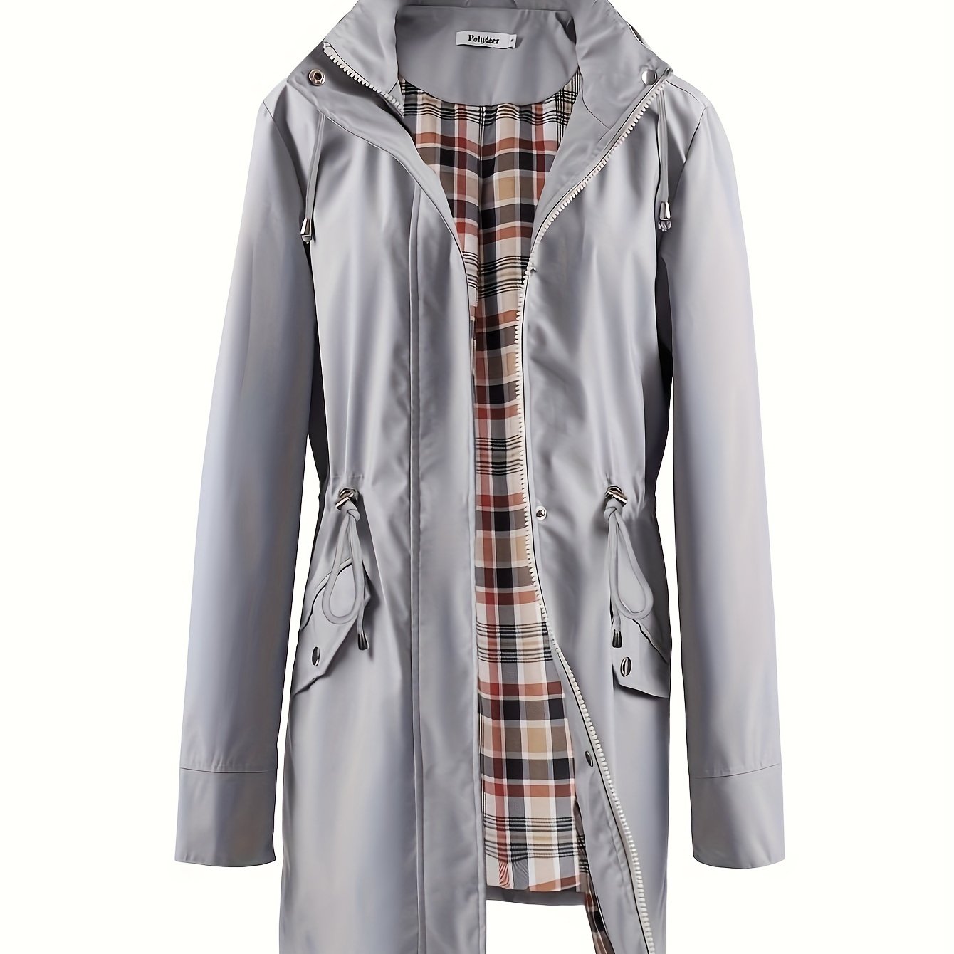 Women's Beige Hooded Zip-Up Trench Coat with Drawstring Waist & Multiple Pockets - Casual Long Sleeve Jacket for Fall & Winter, Machine Washable