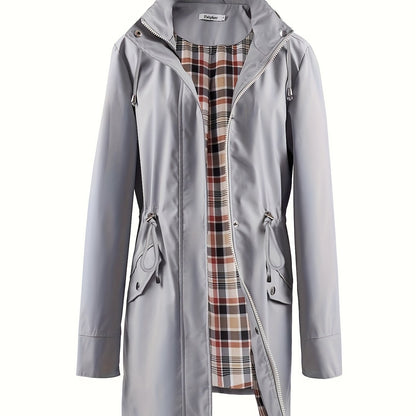 Women's Beige Hooded Zip-Up Trench Coat with Drawstring Waist & Multiple Pockets - Casual Long Sleeve Jacket for Fall & Winter, Machine Washable