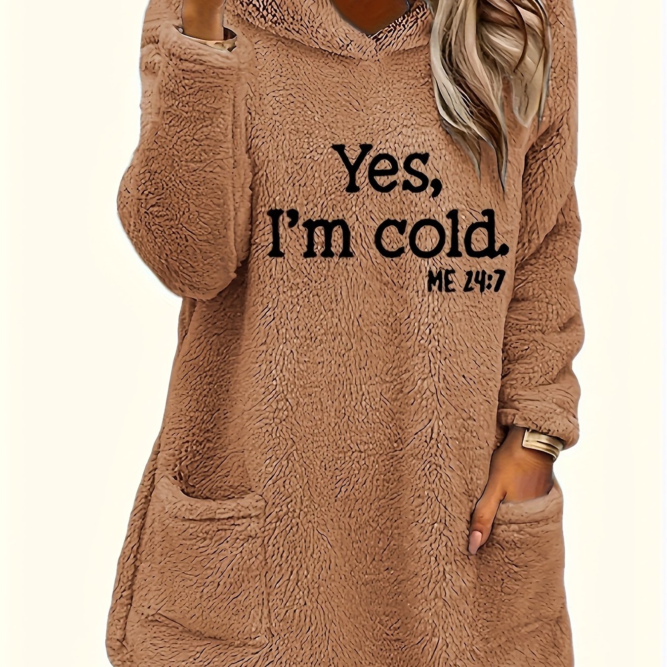 Women's "Yes I'm Cold" Printed Teddy Bear Hooded Sweatshirt - 100% Polyester Relaxed Fit Long Sleeve Pullover with Double Pockets, Cozy Fleece-Lined Casual Winter Top for Fall & Winter