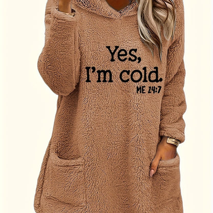 Women's "Yes I'm Cold" Printed Teddy Bear Hooded Sweatshirt - 100% Polyester Relaxed Fit Long Sleeve Pullover with Double Pockets, Cozy Fleece-Lined Casual Winter Top for Fall & Winter