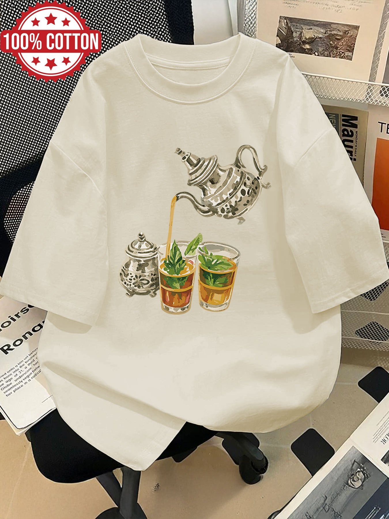 Women'S Casual Short Sleeve Crew Neck T-Shirt with Hand-Painted Teapot & Mint Leaf Illustration - Light Green, Spring/Summer Fashion Top, Casual Wear | Whimsical Design | Fabric