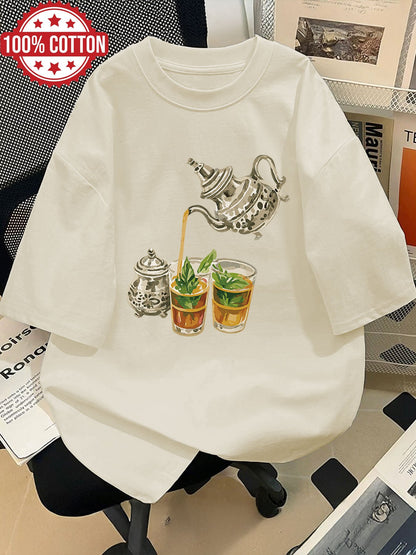 Women'S Casual Short Sleeve Crew Neck T-Shirt with Hand-Painted Teapot & Mint Leaf Illustration - Light Green, Spring/Summer Fashion Top, Casual Wear | Whimsical Design | Fabric