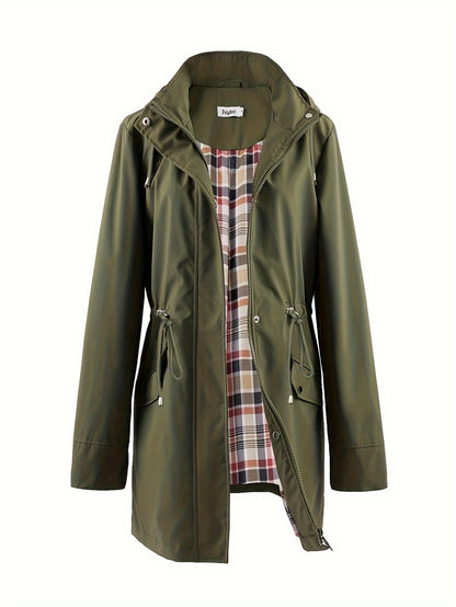 Women's Beige Hooded Zip-Up Trench Coat with Drawstring Waist & Multiple Pockets - Casual Long Sleeve Jacket for Fall & Winter, Machine Washable
