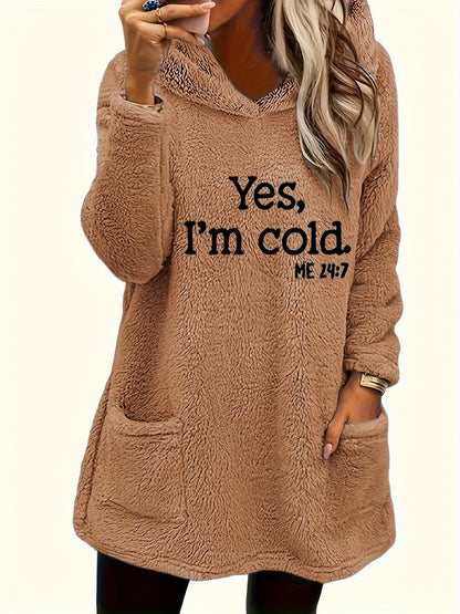 Women's "Yes I'm Cold" Printed Teddy Bear Hooded Sweatshirt - 100% Polyester Relaxed Fit Long Sleeve Pullover with Double Pockets, Cozy Fleece-Lined Casual Winter Top for Fall & Winter