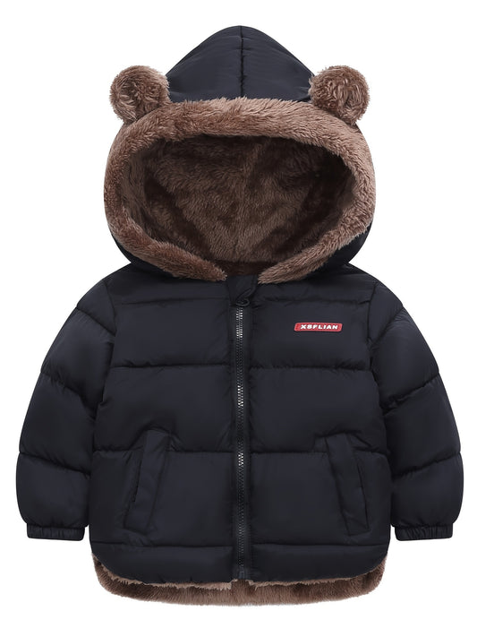 1 lightweight hooded jacket for boys in autumn and winter, with soft plush lining, thick insulation, cute bear ear hat zipper design, suitable for casual winter wear, durable zipper jacket