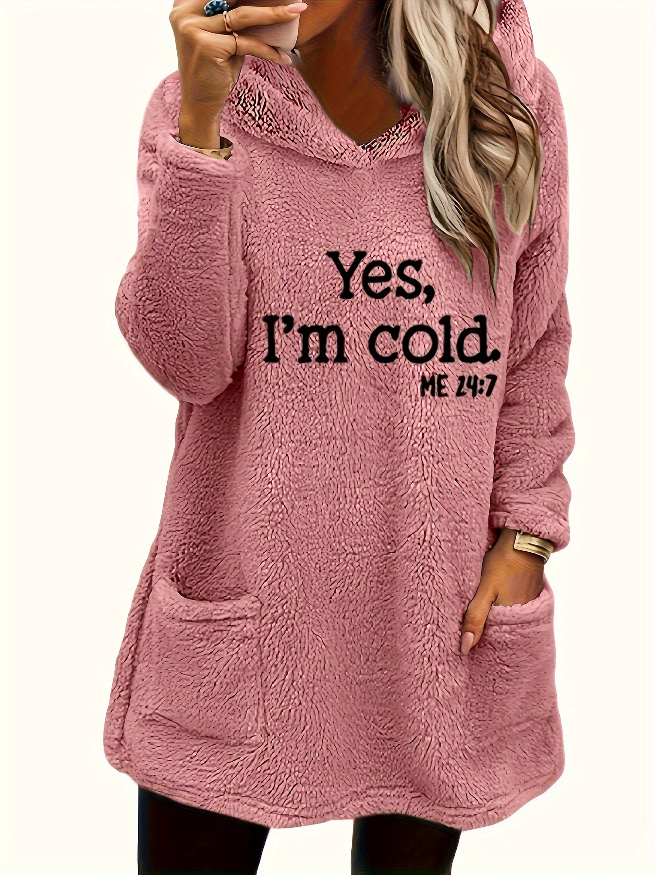 Women's "Yes I'm Cold" Printed Teddy Bear Hooded Sweatshirt - 100% Polyester Relaxed Fit Long Sleeve Pullover with Double Pockets, Cozy Fleece-Lined Casual Winter Top for Fall & Winter