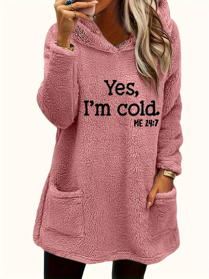 Women's "Yes I'm Cold" Printed Teddy Bear Hooded Sweatshirt - 100% Polyester Relaxed Fit Long Sleeve Pullover with Double Pockets, Cozy Fleece-Lined Casual Winter Top for Fall & Winter