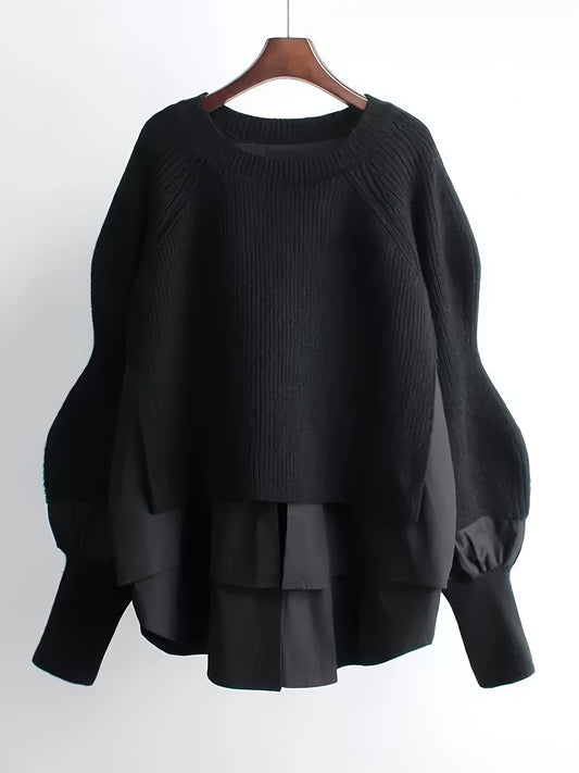 Women's Sweater - Elegant Mock Two-Piece Layered Look, Black Sweater for Spring/Fall Transitional Weather, Chic Office & Party Sweater, Sweater, Textured Knitwear