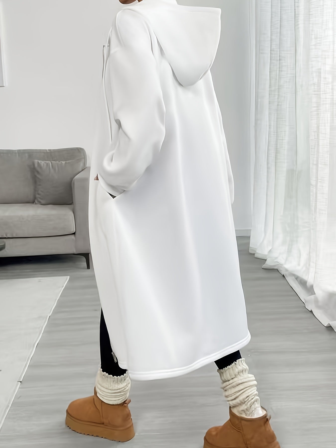 Women'S Elegant Color-Block Hooded Zip-Up Coat - White & Black, Long Sleeve, Button-Up Front, Perfect for Fall/Winter, Casual to Formal Wear, Casual Winter Wear | Stylish Layering Piece | Buttonup Front Coat