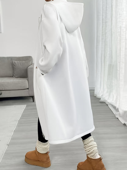 Women'S Elegant Color-Block Hooded Zip-Up Coat - White & Black, Long Sleeve, Button-Up Front, Perfect for Fall/Winter, Casual to Formal Wear, Casual Winter Wear | Stylish Layering Piece | Buttonup Front Coat